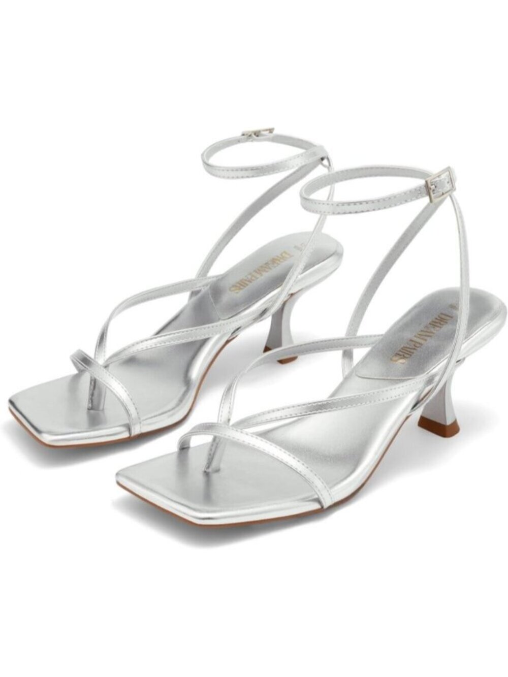 Womens Silver Pu Strappy Square Open Toe Dressy Thong Comfort Kitten Heel Sandal
